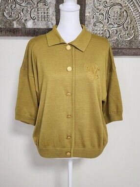 Vtg. Autograph Olive Green Embroidered Collared Short-Sleeve Button Sweater Larg